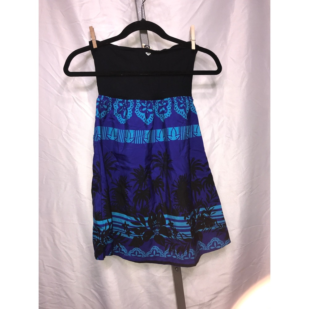 Roxy Womens S Black Strapless Tube Dress Blue Tropical Palm Print - Picture 2 of 5
